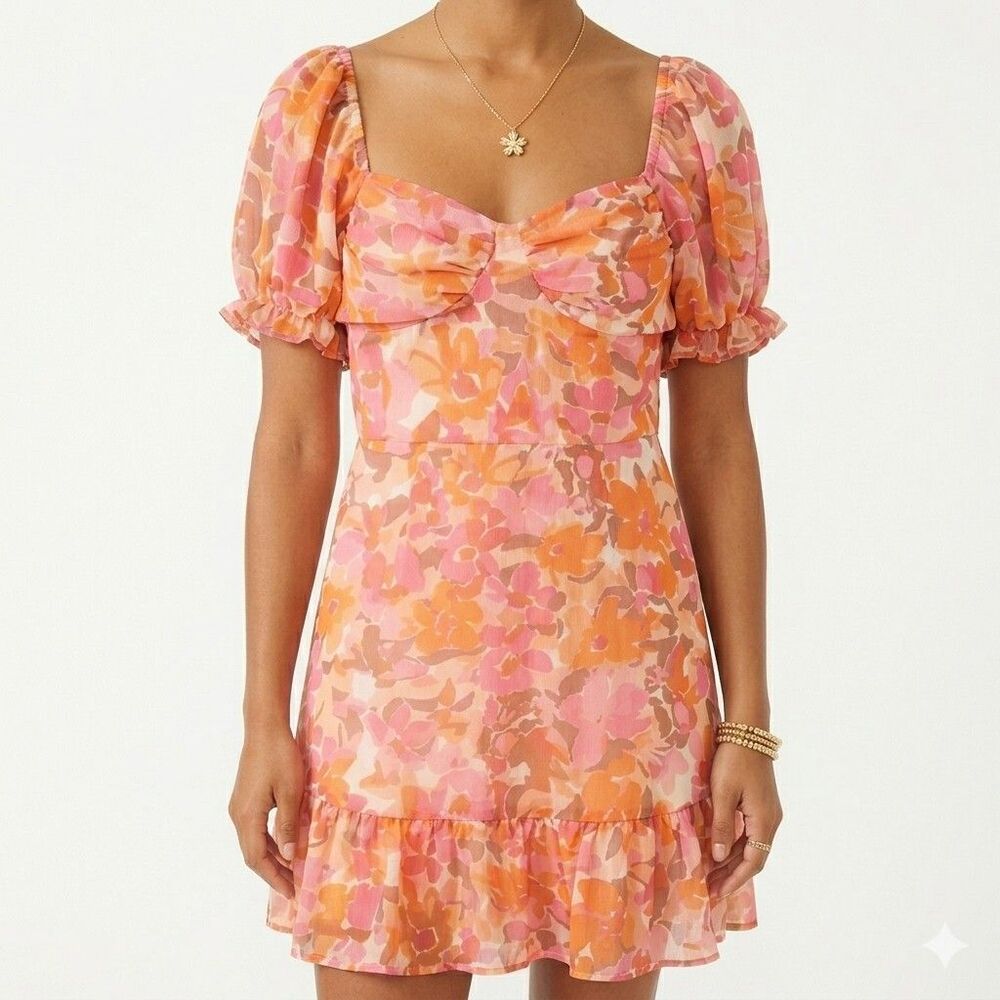 NWT GB Women's Large Floral Mini Dress Pink Orange Puff Sleeve Smocked Back Boho